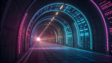 Abstract Digital Data Tunnel with Glowing Neon Lighting