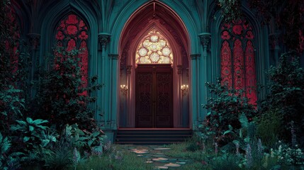 Enchanted Gothic Entrance with Lush Foliage and Colorful Lighting