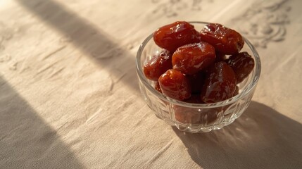 Delicious dates in a glass bowl on a table with sunlight