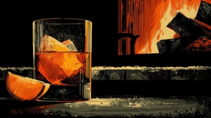 Cozy Evening with Whiskey Glass and Warm Fire in the Background