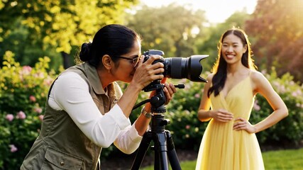 A photographer captures a joyful model in a vibrant garden setting.