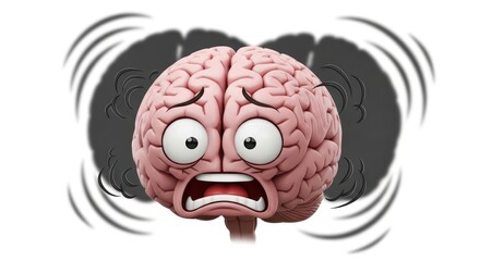 Cartoon brain expressing stress and anxiety amidst swirling ominous shapes around head