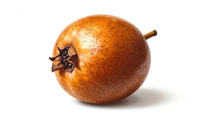 Close-up of a brown, speckled fruit with stem and sepals on white