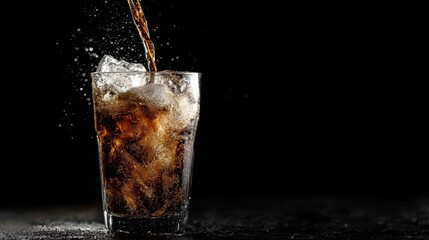 Refreshing Beverage Pouring into Glass with Ice on Dark Background