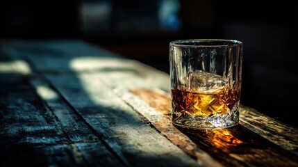 Glass of Whiskey with Ice on Wooden Table in Soft Natural Light
