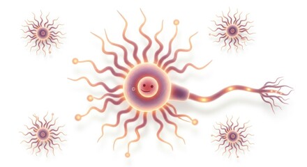 Conceptual illustration of a neuron with a friendly face surrounded by astrocytes for educational