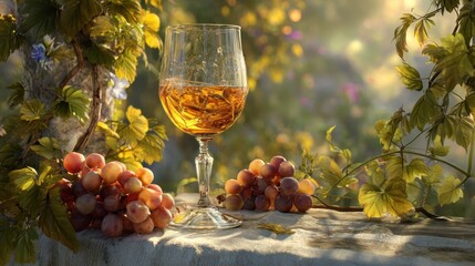 Glass of Golden Beverage Surrounded by Fresh Grapes in Nature