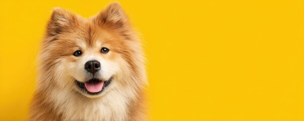 Obraz premium A cheerful dog with a fluffy coat poses against a bright yellow background, exuding a playful and friendly vibe.
