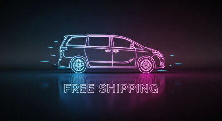 Illuminated neon outline of a minivan against a dark backdrop with free shipping indication