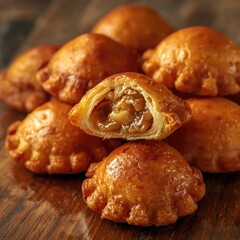 Delicious fried empanadas filled with savory meat on wooden table