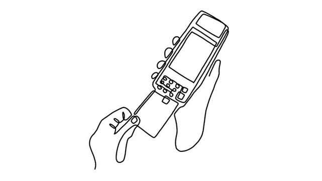 Continuous line animation of payment machine pos terminal with credit card