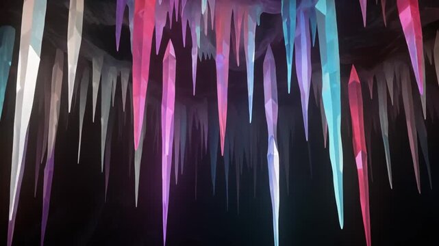 A dark cavern with translucent, geometric, icicle-like forms in various shades of color