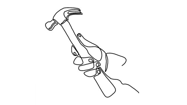 Continuous line animation of hand holding hammer