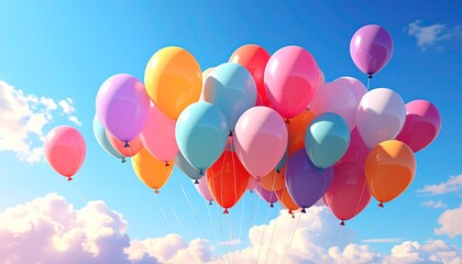 Naklejka premium Colorful Balloons Floating in a Bright Blue Sky with Fluffy Clouds, Festive Celebration.