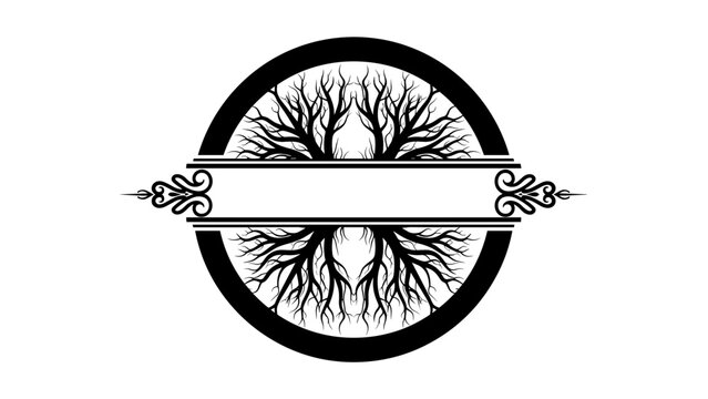 An intricate circular emblem depicting robust tree roots forming a frame, accompanied by an elegant horizontal banner for text.