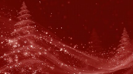 Abstract Christmas Scene with Red Background and Snowy Trees