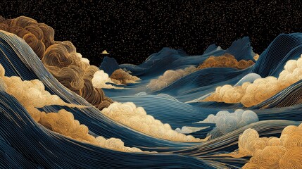 Abstract Landscape with Waves and Clouds in Dark Starry Sky