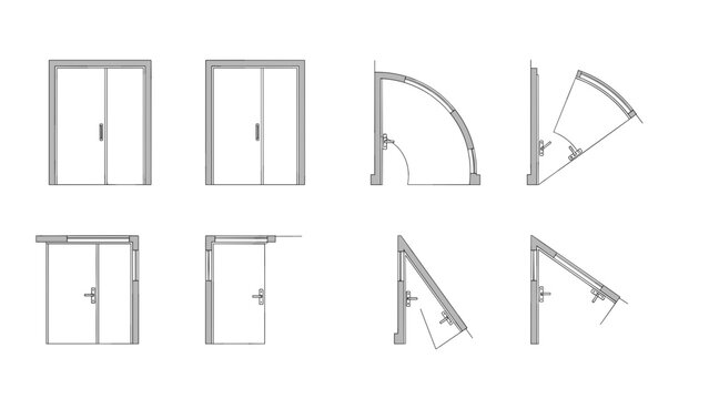 Detailed architectural line drawings illustrating various types of door openings and their swing directions from a top-down view.