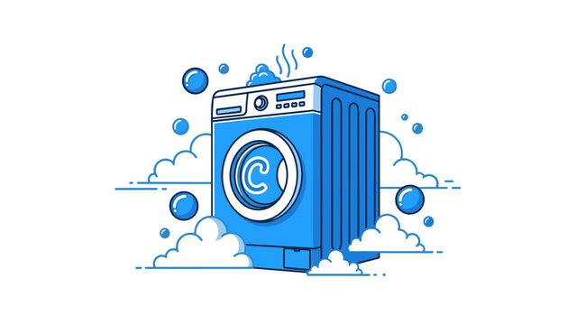 A detailed illustration of a blue washing machine with bubbles and steam, depicting a fresh and clean laundry cycle.
