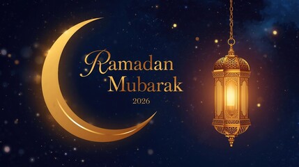 Ramadan Mubarak 2026 golden crescent moon and lantern