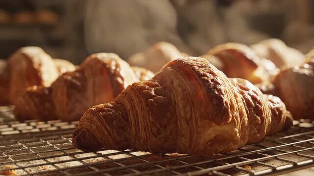 Golden freshly baked croissants cooling on a rack, emitting steam