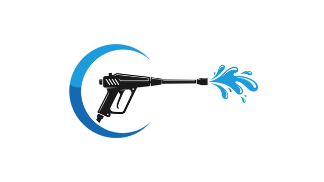 A striking logo design featuring a pressure washer nozzle powerfully spraying water, within a dynamic blue crescent shape.
