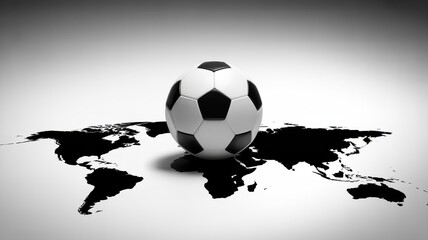 A soccer ball rests upon a world map symbolizing global sport