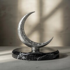 Elegant silver crescent moon sculpture on black marble base