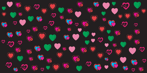 A vibrant scattering of colorful hearts against a solid black background