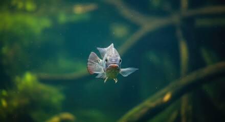 Eye-level view of a tilapia fish swimming gracefully in a natural aquarium setting
