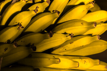 A vibrant, golden bunch of ripe yellow bananas, packed closely together. This close-up highlights the texture and fresh appeal of the popular tropical fruit, perfect for food and health concepts.