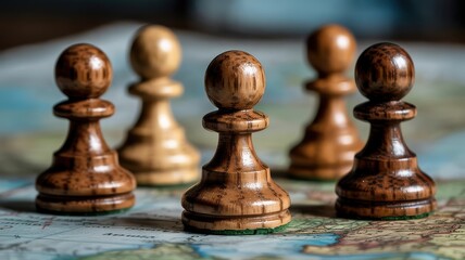 A close up view of wooden chess pieces arranged on a world map