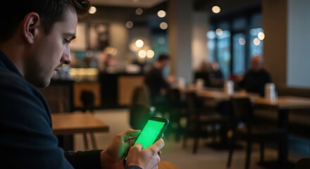 Focused professional interacts with green screen smartphone in modern cafe setting indoors
