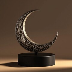 Elegant crescent moon sculpture with intricate design on black base