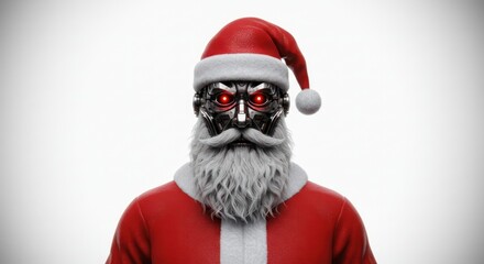 Futuristic Christmas Concept: A Robot Dressed as Santa Claus with Glowing Red Eyes