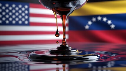 A symbolic representation featuring dark liquid dripping from a glass against the blurred backgrounds of the american and venezuelan flags