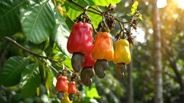 Ripe cashew fruits hanging from a tree in a lush, sunlit environment.