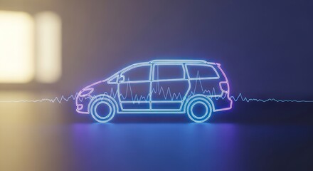 Futuristic neon illustration of a family van representing modern automotive technology