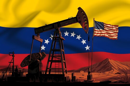 An oil pump silhouetted against the vibrant flags of venezuela and the united states suggesting energy and geopolitical connections high quality - Powered by Adobe