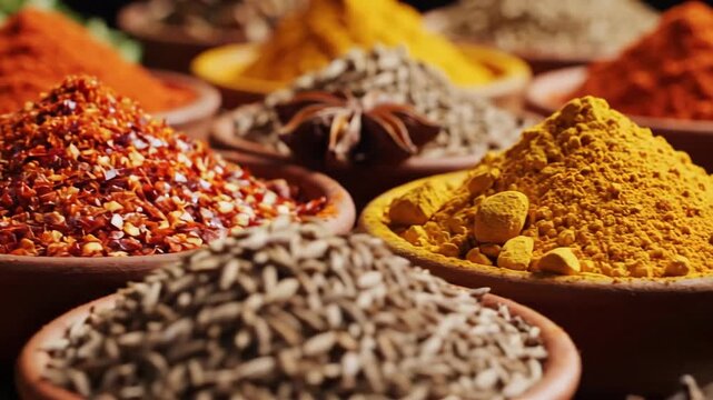 A vibrant assortment of colorful ground spices and whole herbs presented in small terracotta bowls, showcasing culinary diversity and aromatic potential.