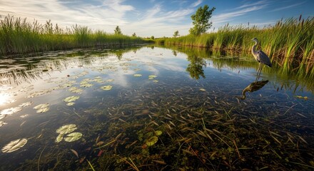 Great blue heron standing still in clear water reflecting the sky and flora