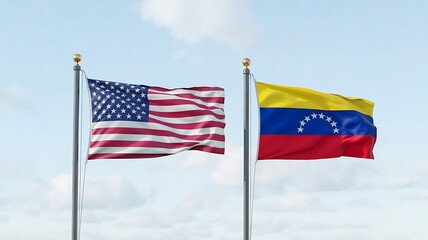 Fototapeta premium Two national flags are waving gently in the breeze against a clear blue sky representing international relations and diplomacy high quality