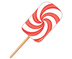 A vibrant red and white spiral lollipop on a wooden stick illustration