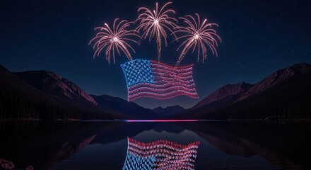 Majestic American Flag Drone Display and Fireworks over Tranquil Mountain Lake