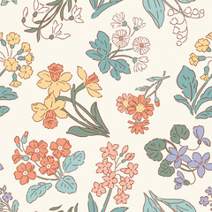 Seamless vector pattern with spring flowers. Hand drawn liberty floral design on isolated background. Snowdrop, crocus, hyacinth, primrose, daffodils, bluebell and violet.