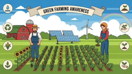 Green farming awareness with solar panels and sustainable agriculture practices