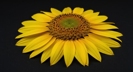 Radiant sunflower blossom with golden petals displayed against a plain black canvas