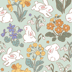 Cute white rabbits on spring floral background. Seamless vector pattern. Hand drawn Easter bunny pattern. 