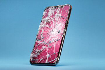 Smartphone with shattered screen on blue background, symbolizing device damage, repair, insurance, accident, or technology failure.