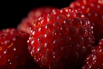 Macro raspberry surface with water droplets, showing texture, freshness, and organic fruit detail in dramatic lighting.